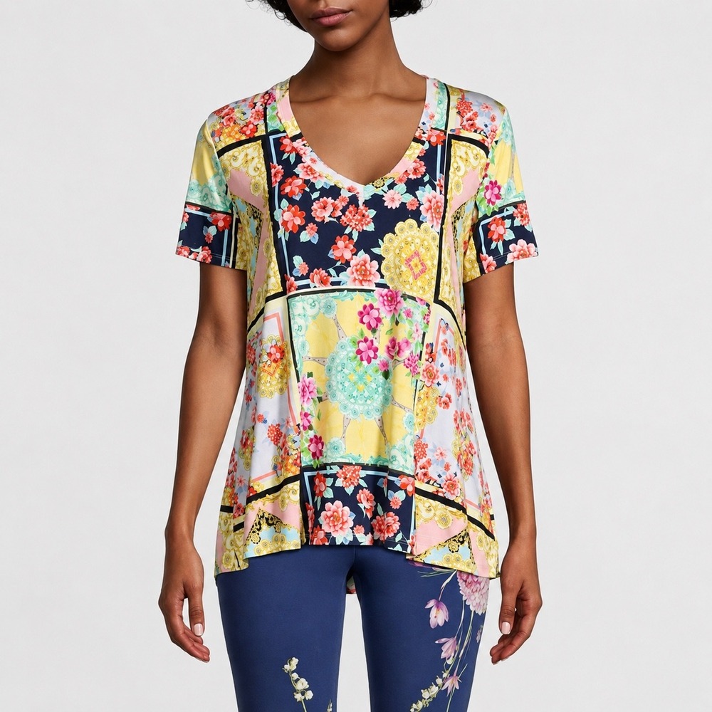 Johnny Was Jasper Swingy tee Floral Patchwork Bamboo V-Neck Top XL Multi - Picture 1 of 8